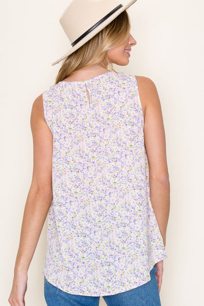 Lace Inset, Floral Print Top - Lavender