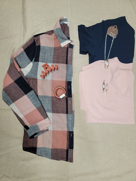 Plaid Button Up - Navy and Pink