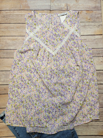 Lace Inset, Floral Print Top - Lavender