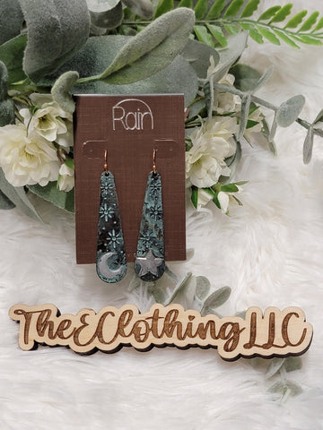 Rain - Patina Silver Moon and Star Stamped Bar Earring