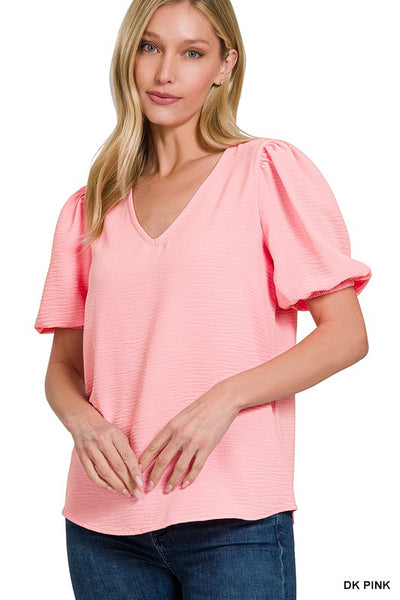 Woven Airflow V-Neck Puff Sleeve Top