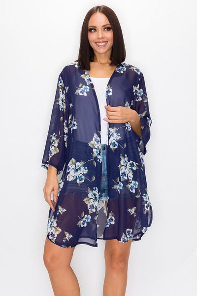 Floral Print Cardigan - Navy