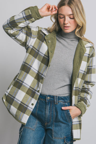Corduroy Reversible Plaid Button Down Jacket - Olive