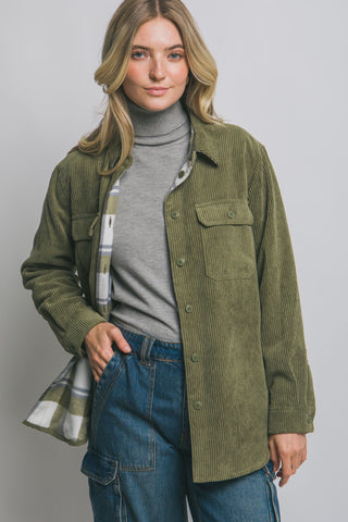 Corduroy Reversible Plaid Button Down Jacket - Olive