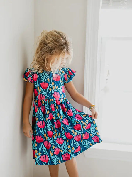 Girls Blue Foral Flutter Sleeve Dress