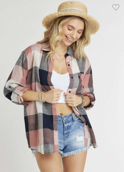 Plaid Button Up - Navy and Pink