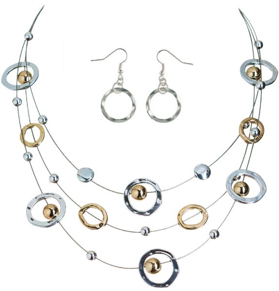 Rain - Two Tone Disk Circles on Wire Necklace Set