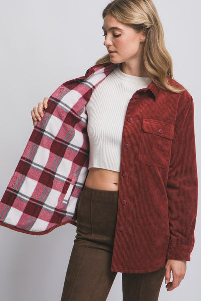 Corduroy Reversible Plaid Button Down Jacket - Burguundy
