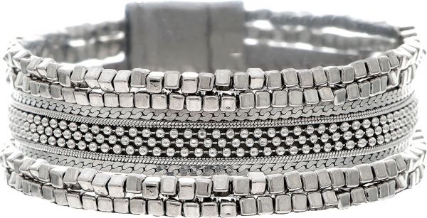 Rain - Silver Chunky Bead Chain Row Magnetic Clasp Bracelet