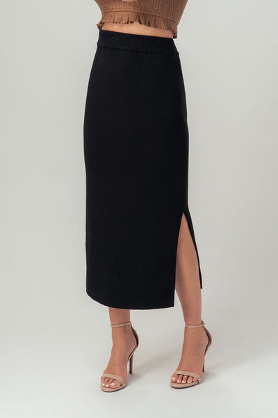 Kira Ribbed Knit Side Slit Midi Skirt