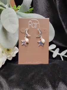 Rain - Silver Pearl Moon and Star Post Earring