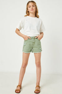 Girls Distressed Olive Denim Shorts